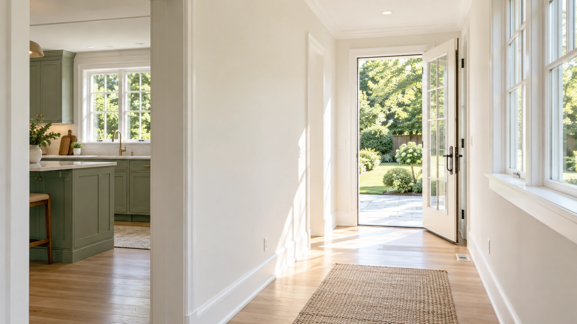Illustrative freshly painted hallway with crisp trim and an open back door.