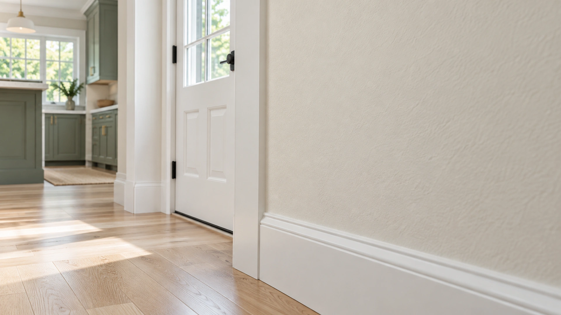 Illustrative detail of an even painted wall beside white door casing.