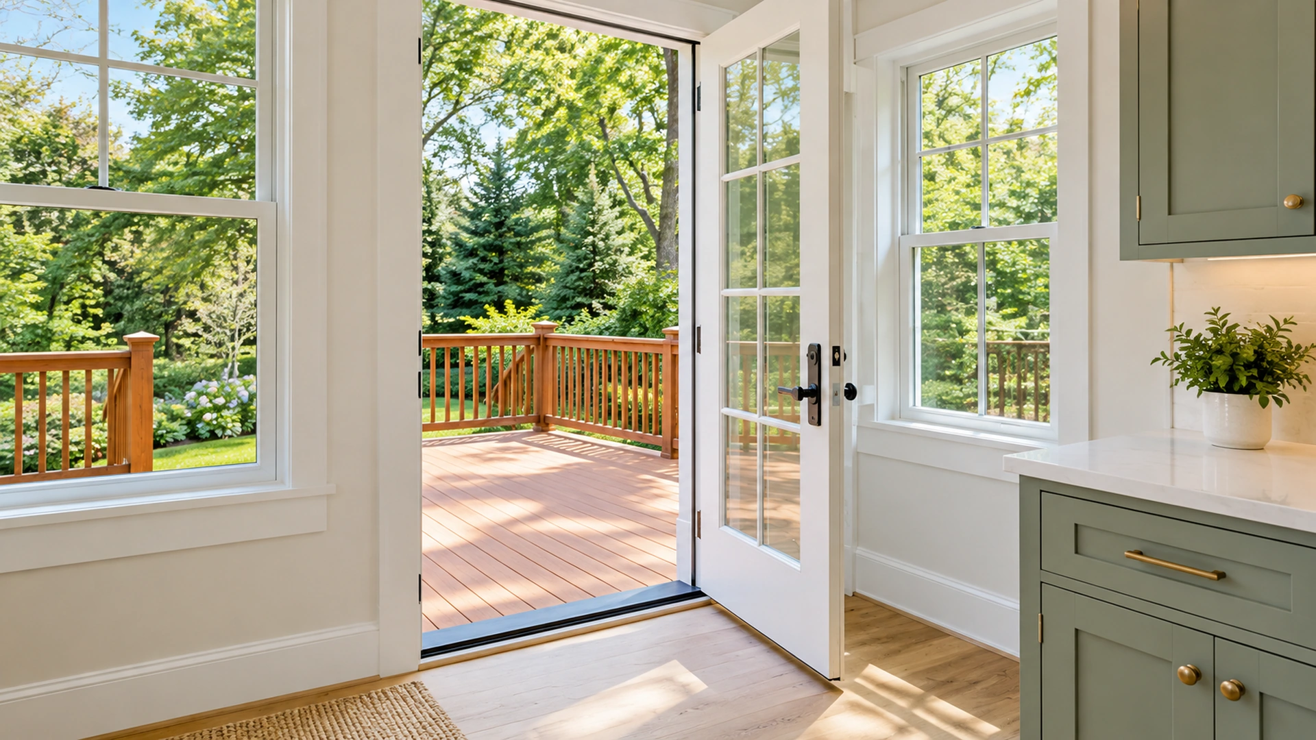 Illustrative stained deck seen from a freshly painted back-door room.