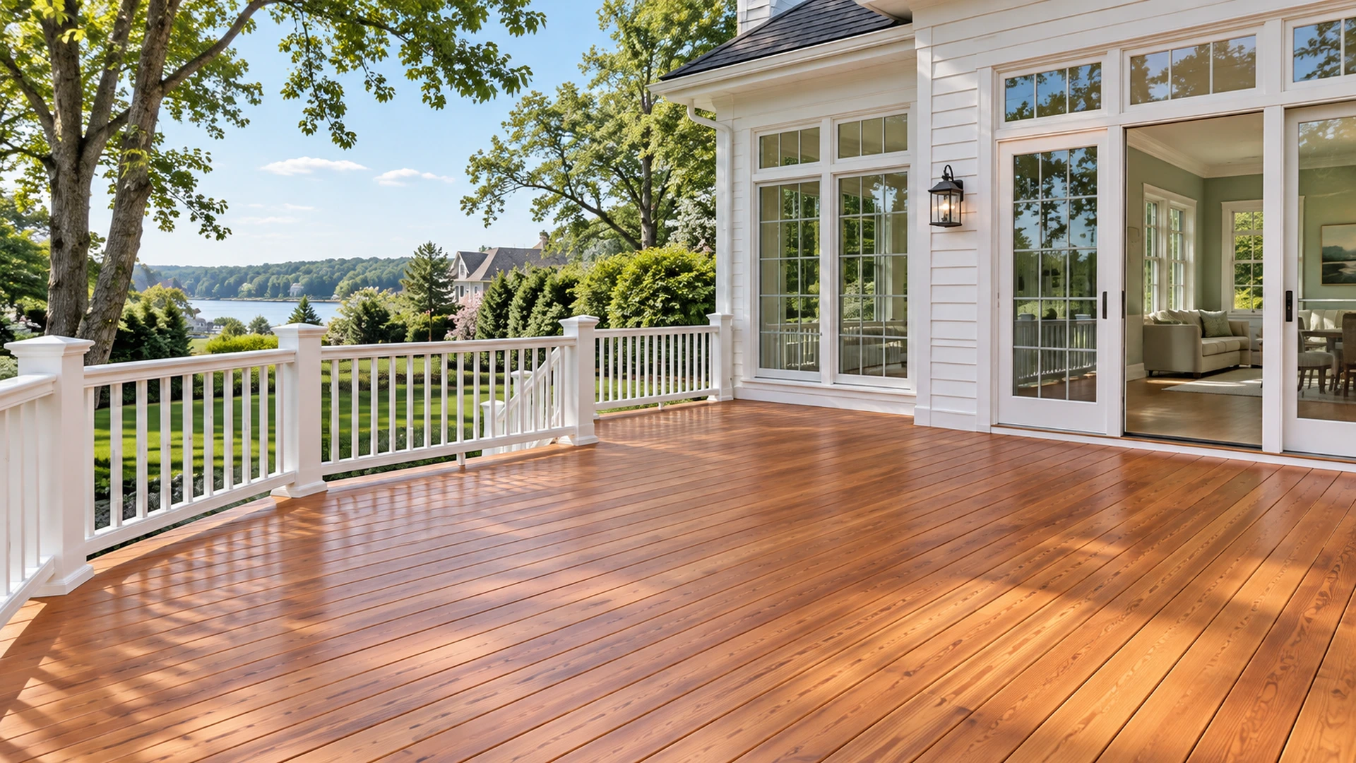Illustrative freshly stained deck with white railings beside a bright home.