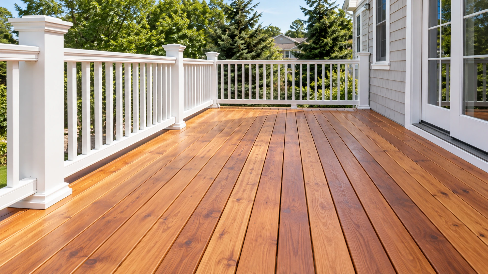 Illustrative detail of evenly stained deck boards and a white railing.