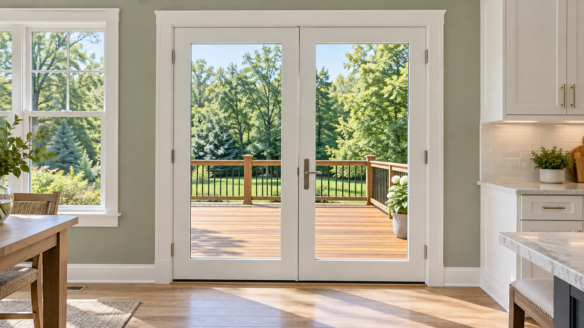 Illustration of crisp patio-door trim overlooking a stained deck.