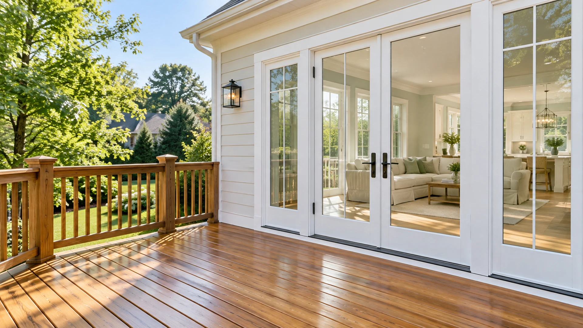 Illustration of a freshly stained deck outside a painted doorway.