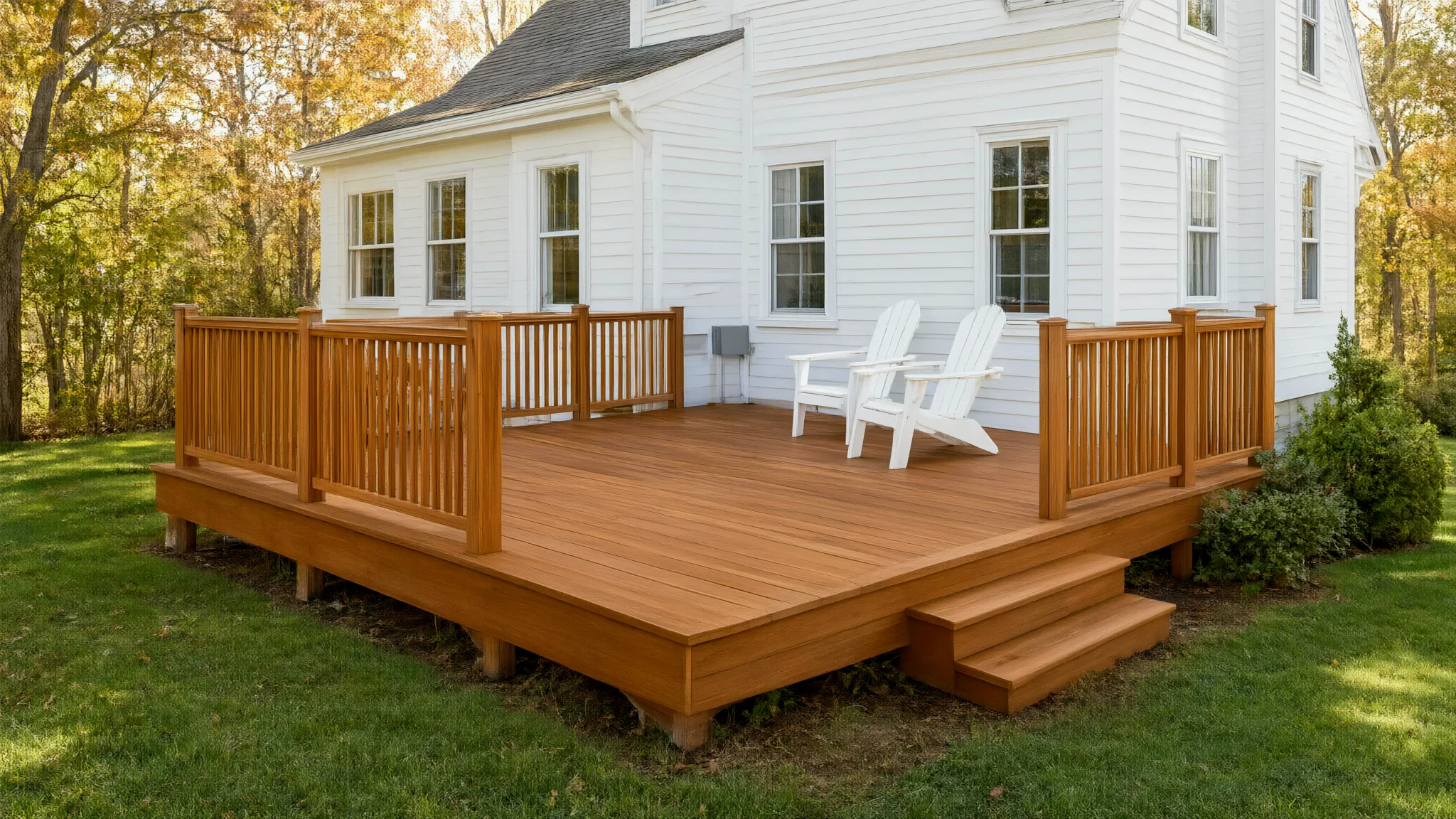 AI illustration: Freshly stained timber deck beside a white colonial-style home.