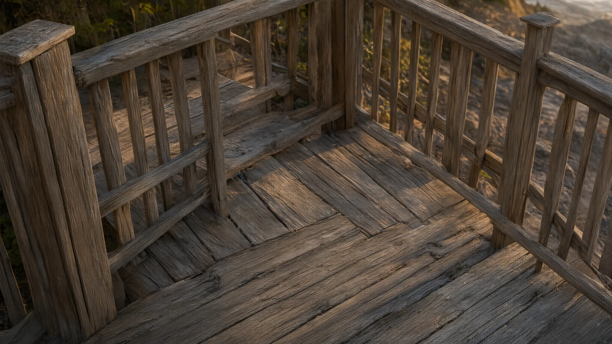 AI illustration: Weathered deck boards and railing ready for an inspection.