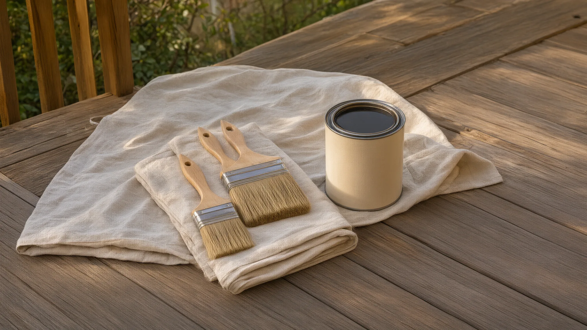 AI illustration: Wood-finishing brushes and a plain stain can on a protected surface.