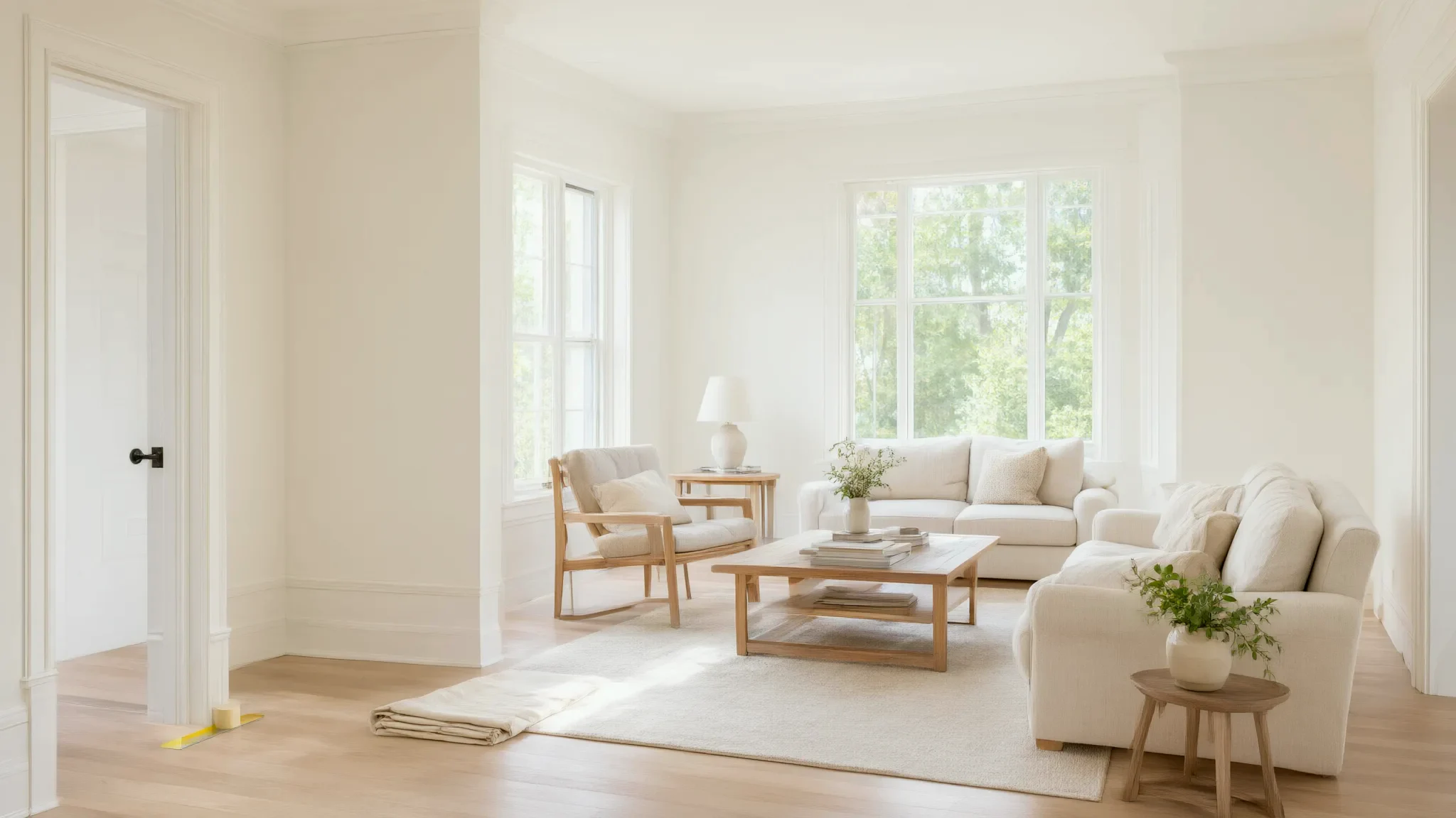 AI illustration: Bright sitting room with freshly painted walls and crisp trim.
