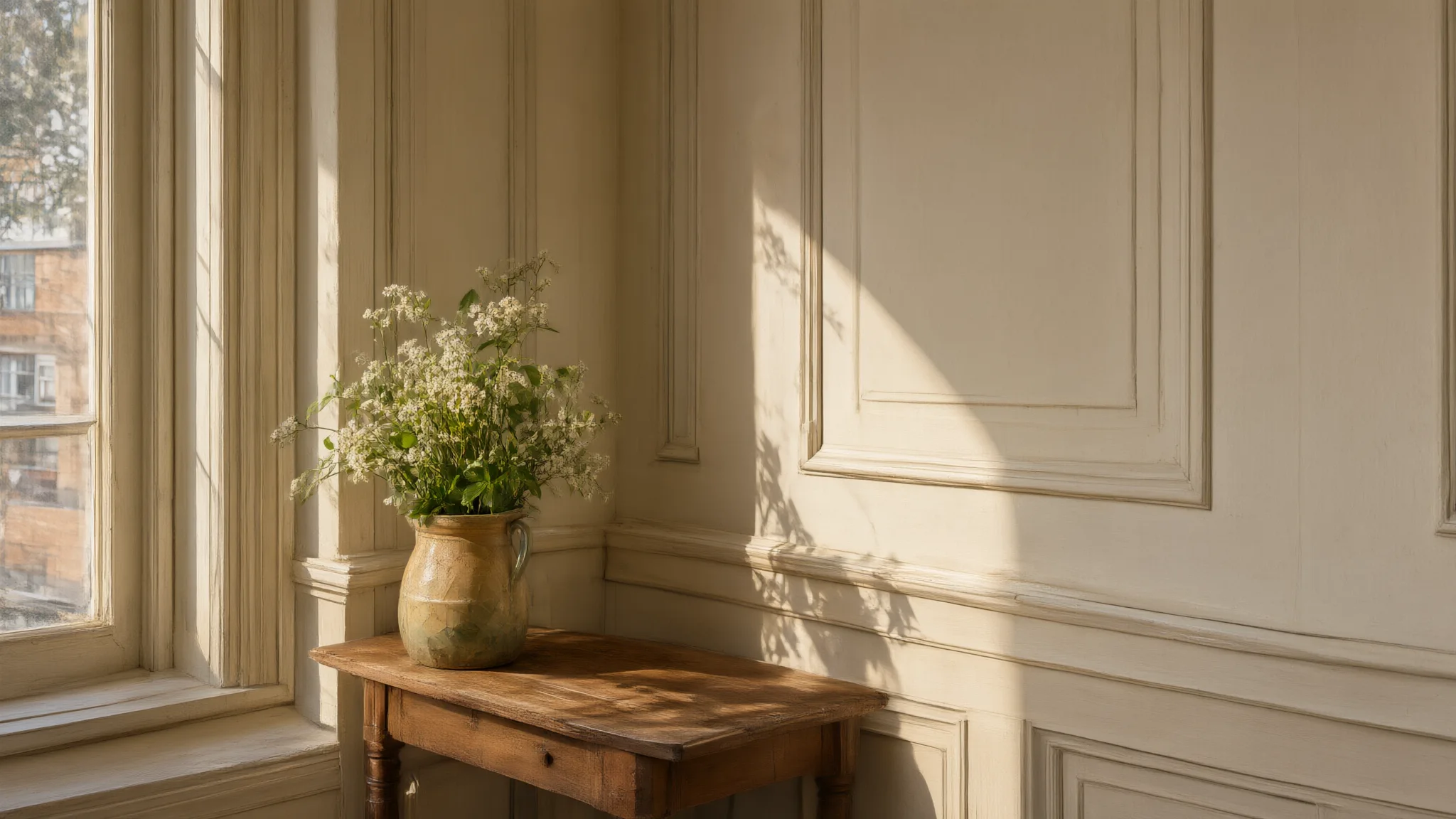 AI illustration: Painted wall and wood trim in natural light.