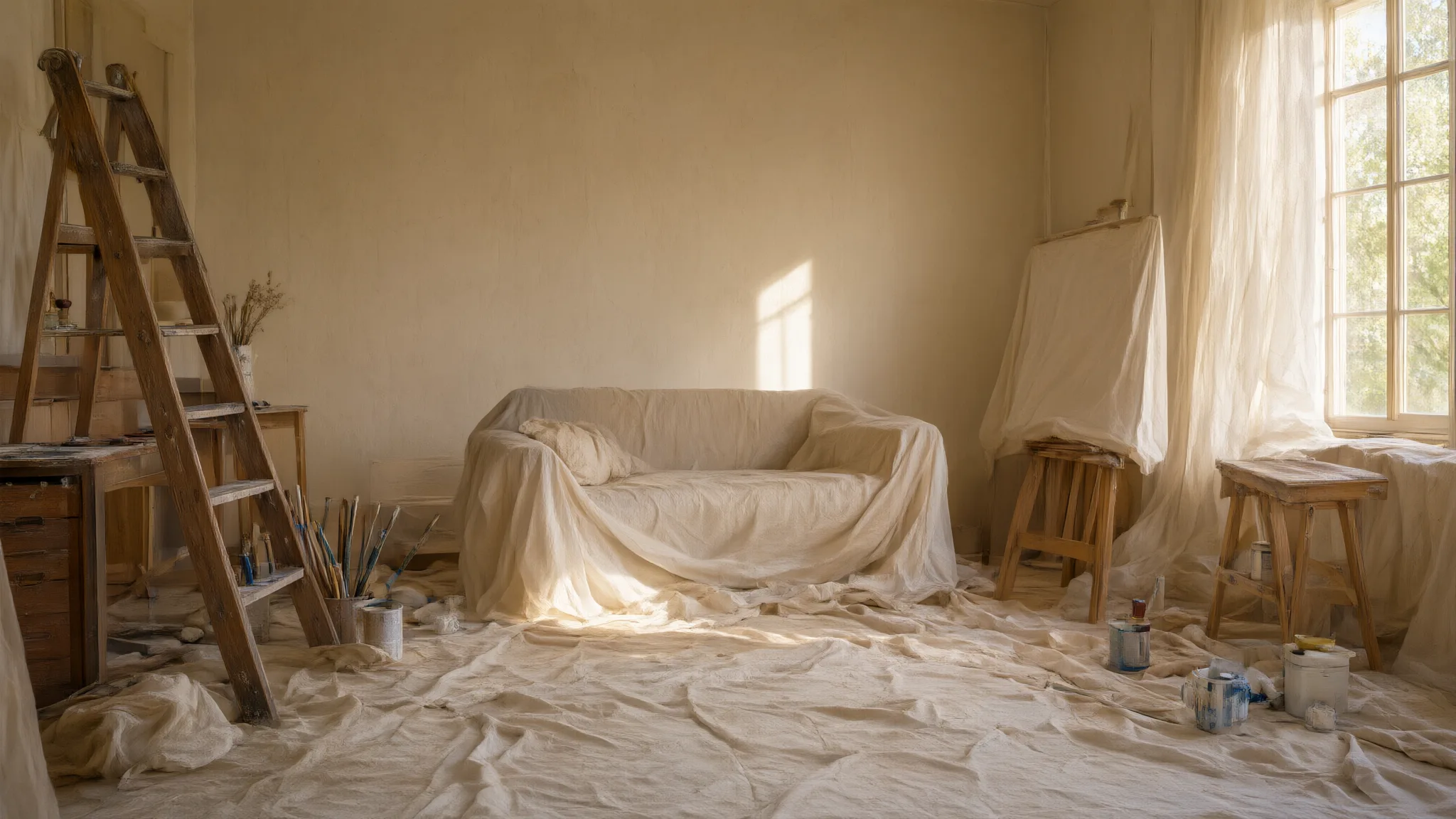 AI illustration: Furniture and flooring protected before painting a room.