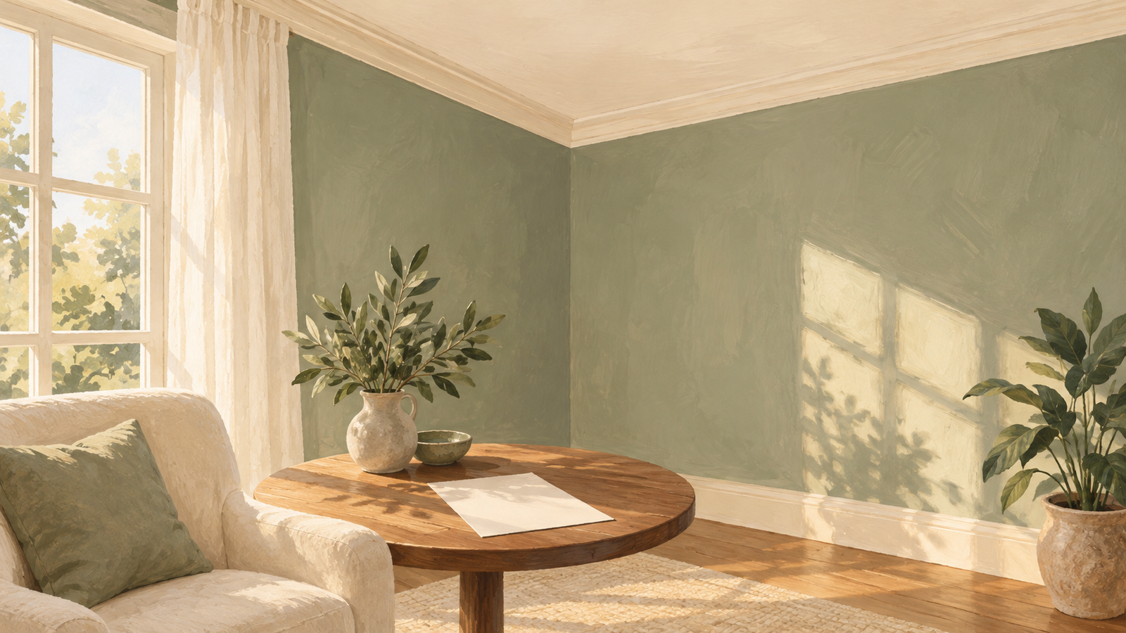 Illustration of a sunlit room with sage walls, cream ceiling trim and baseboards, a sofa, plants and a blank sheet on a wooden table.